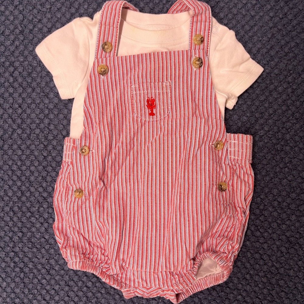 Janie and Jack Red Striped Baby Overall Romper Set